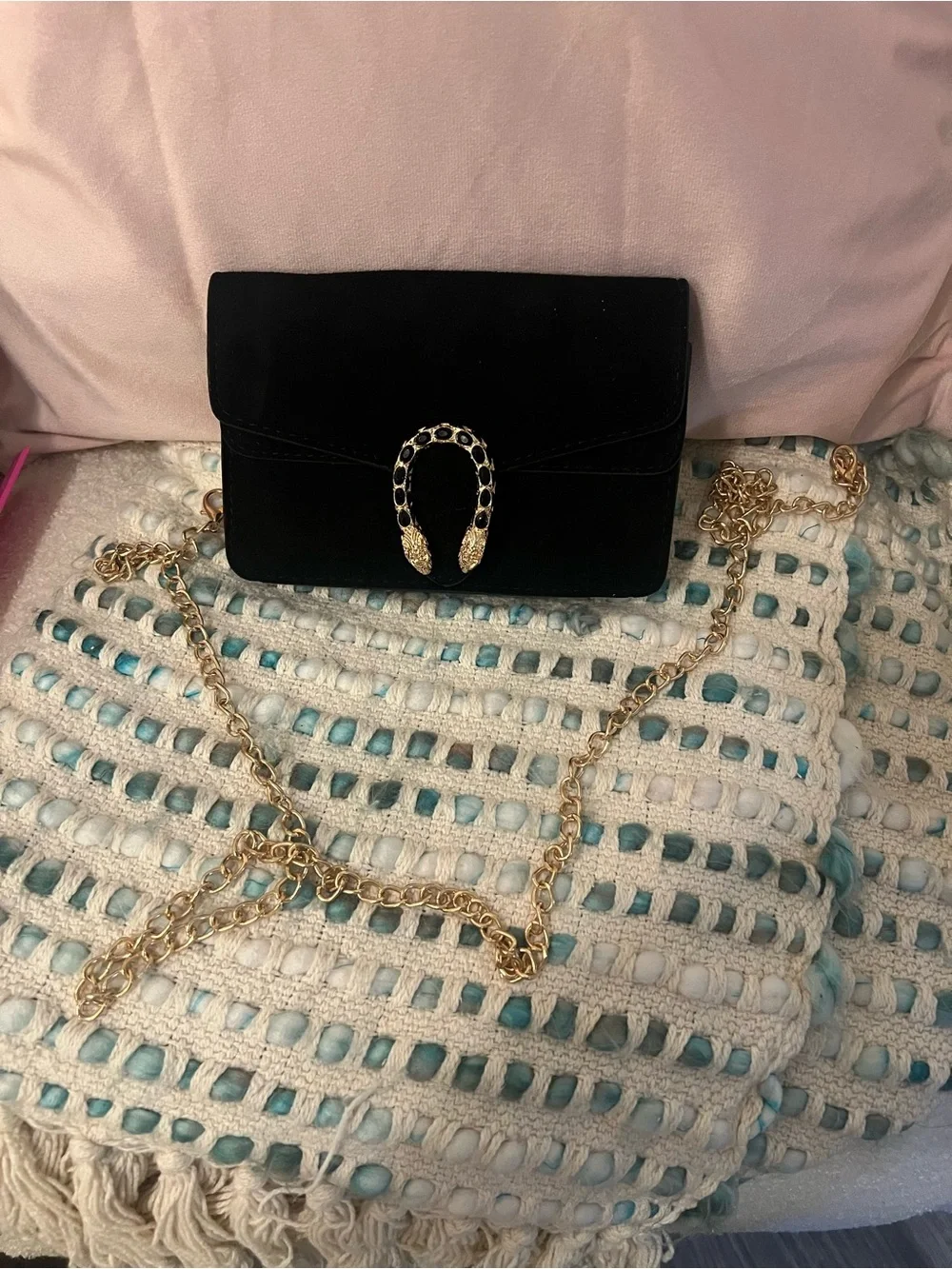 INSPIRED Black Suede Clutch with Gold Snake-Head Accent